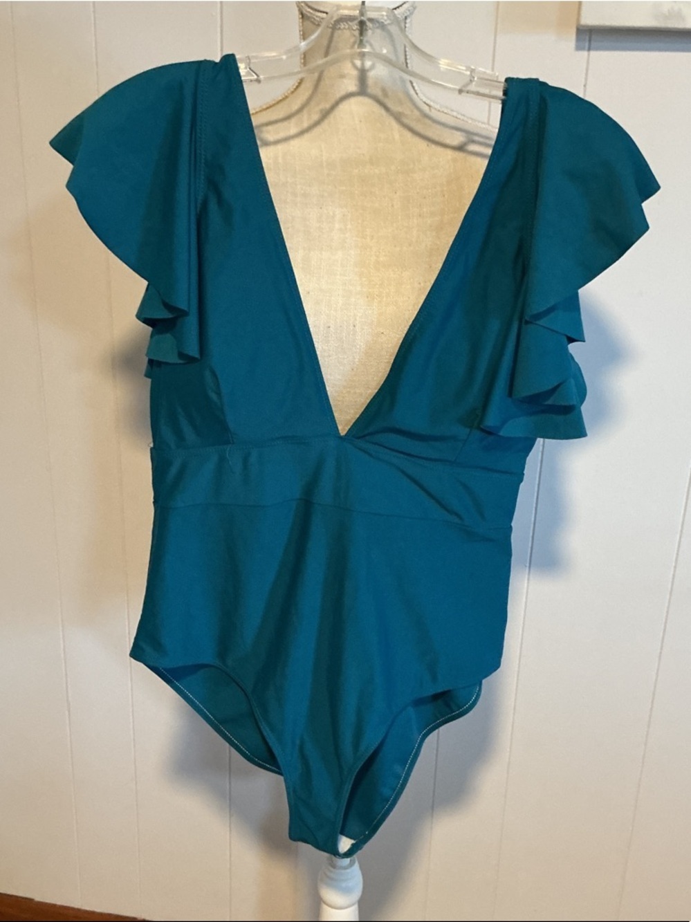 Teal Ruffle Sleeve V-Neck One-Piece Swimsuit - Picture 1 of 3